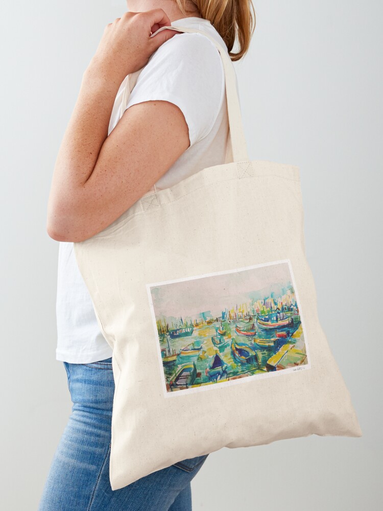 Women Bags Malta - ท่าเรือมาร์แซกซ์ล็อค, มอลตา, กระเป๋าผ้าพิมพ์ลายสีน้ำ กระเป๋าผ้า กระเป๋าช้อปปิ้งแบบใช้ซ้ำได้ กระเป๋าโท้ทน่ารัก