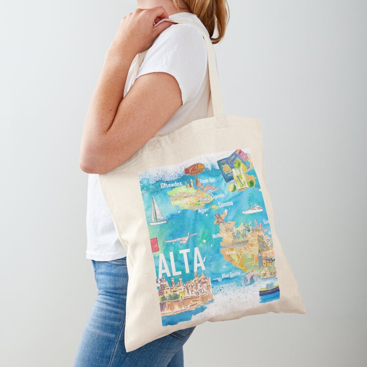 Women Bags Malta - กระเป๋าผ้าแคนวาสลายแผนที่เกาะมอลตาพร้อมถนนและจุดเด่น กระเป๋าช้อปเปอร์สำหรับผู้หญิง กระเป๋าขนาดใหญ่สำหรับผู้หญิง
